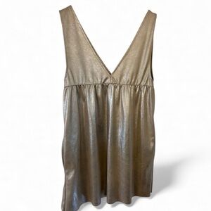 ZARA | champagne silver metallic flowy vneck party dress babydoll dress medium